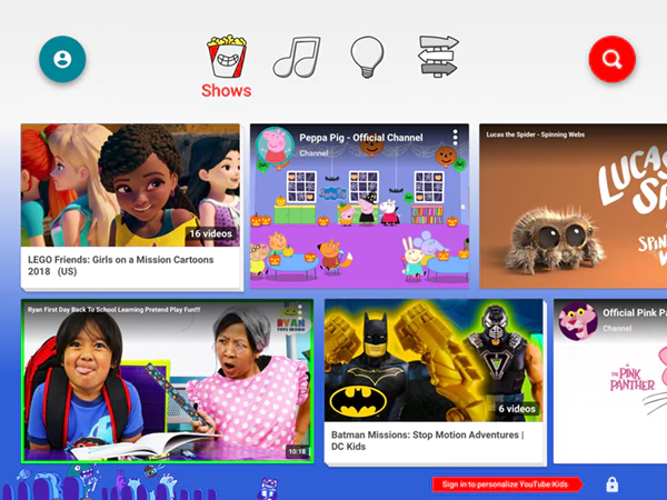 YouTube Kids homepage