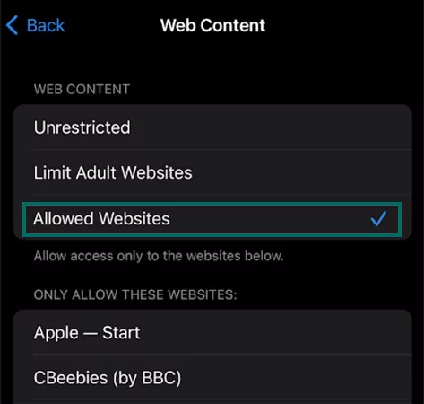 Tap on Allowed Websites