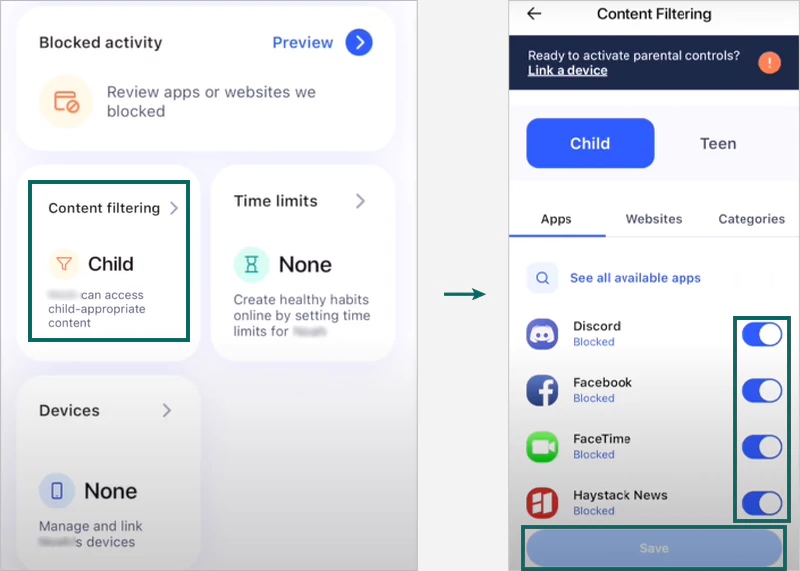 Content filtering on Aura & Tap Save