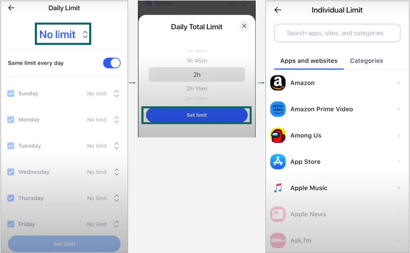 No limit & Set limit & Set time limits on individual apps