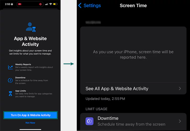 Tap Turn on App & Website Activity & Screen time report