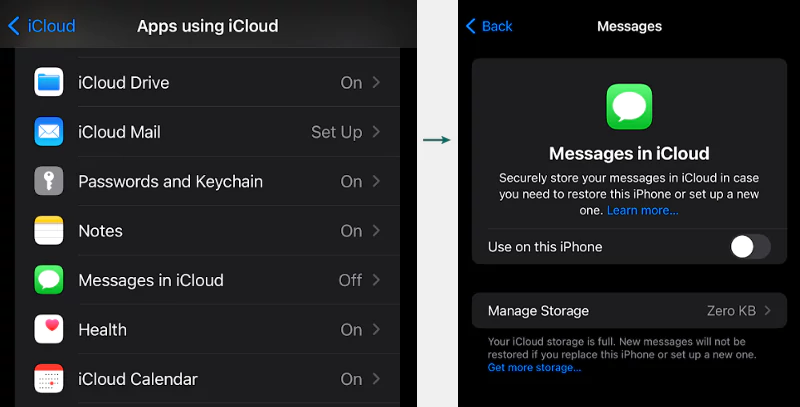 Tap Messages in iCloud & Turn on Use on this phone 