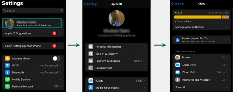 Tap on Apple ID & Tap iCloud & Tap Show All