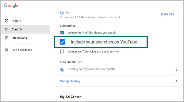 Click on Include your searches on YouTube