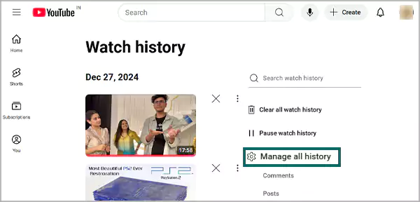 Click on Manage all history option