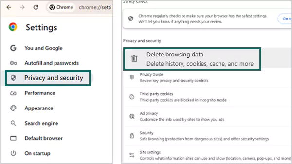 Click on Privacy and Security then Delete browsing data