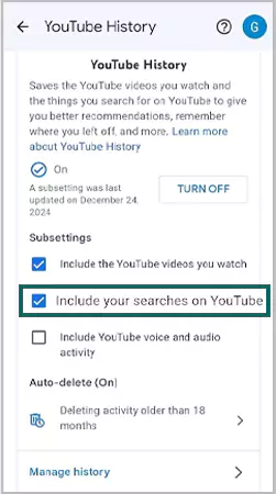 Include your searches on YouTube option on YouTube