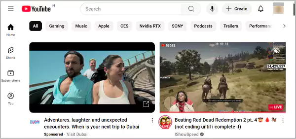 YouTube web browser