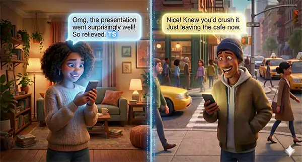 The illustration is showcasing the real world use cases of talk soon abbreviation in the text message