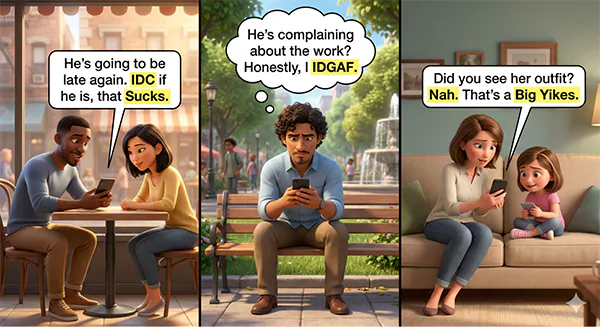 The picture is highlighting the real world use cases of IDC Sucks IDGAF Nah Big Yikes abbreviation in the text message