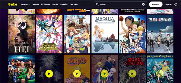 Tubi TV homepage