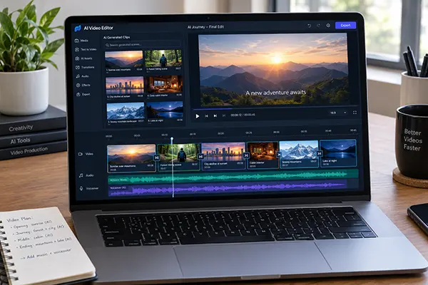 A laptop on a desk showing an AI video editing timeline with several generated scene clips lined up in sequence.