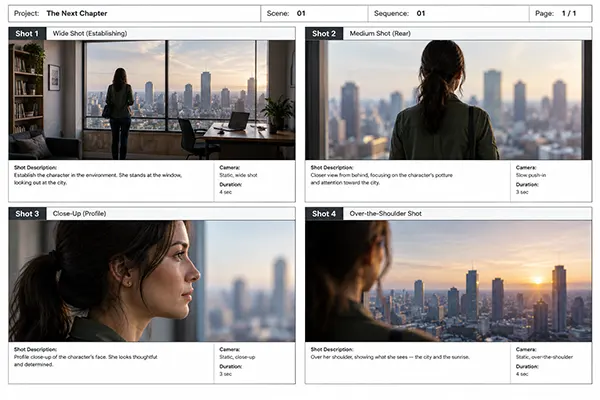 A storyboard grid showing the same character across four consecutive shots in different camera angles.