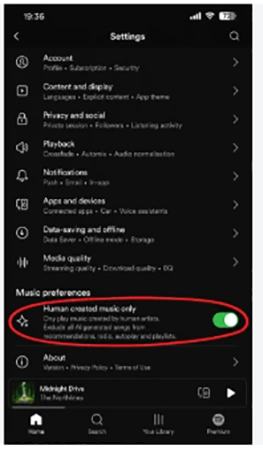 Settings panel showing privacy and sharing toggles on an AI music platform.