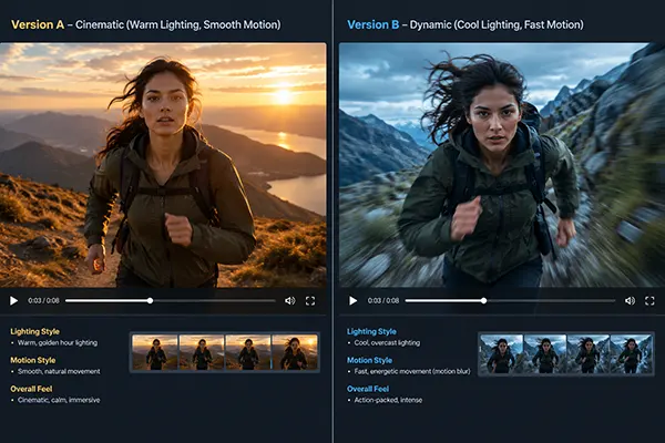 Side-by-side comparison of two AI-generated video frames showing different lighting and motion styles.