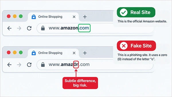 Browser address bars comparing a legitimate website with a fake mirror site, highlighting a subtle character difference in the domain name.