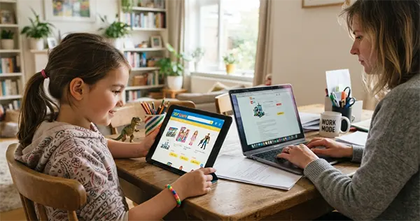 Child using a tablet to browse an online toy shop while a parent works nearby.