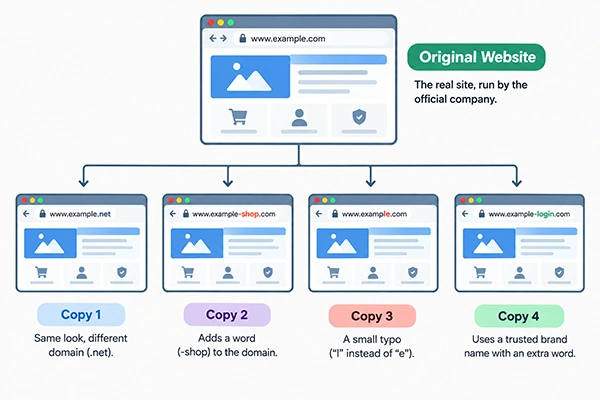 Diagram showing one original website with several copied versions branching off at different domain names.