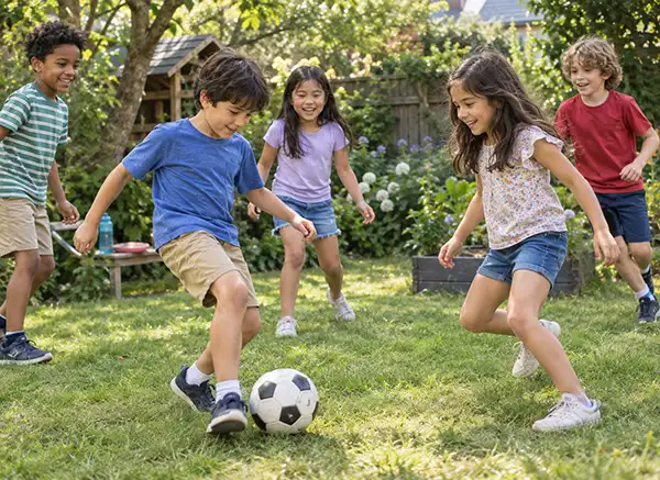 Group of children playing together in a garden on an unstructured afternoon