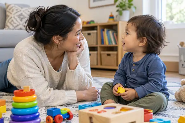 Parent and toddler facing each other mid-conversation during floor play