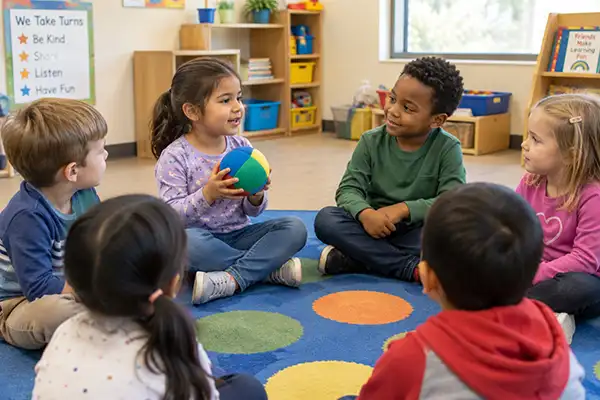 Young children sitting in a circle taking turns during a group activity at preschool