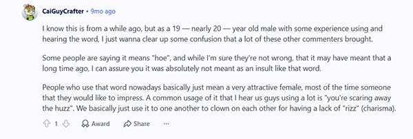 A Reddit user explains the huzz meaning
