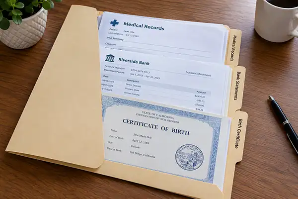 Manila folder holding medical records, bank statements and a birth certificate