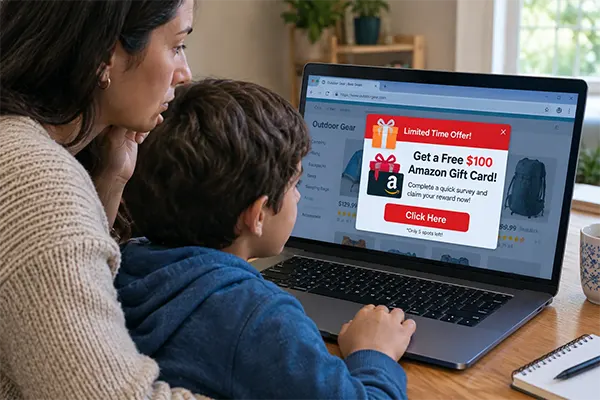 Parent and child browsing online while a suspicious digital advertisement appears on a laptop screen