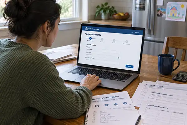 Person filling in a government benefits application on a laptop with paperwork spread across a kitchen table