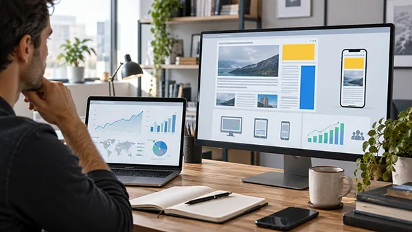 Monetization platform opened on a desktop and laptop with articles and reports shown on it