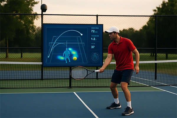 Diagram of tennis camera and sensor data flowing through analysis software to a coach dashboard