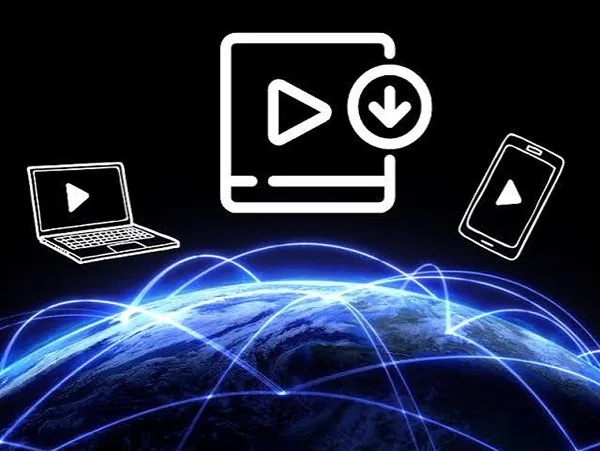  Image showing a tablet, laptop, and a smartphone with social media and download icons.