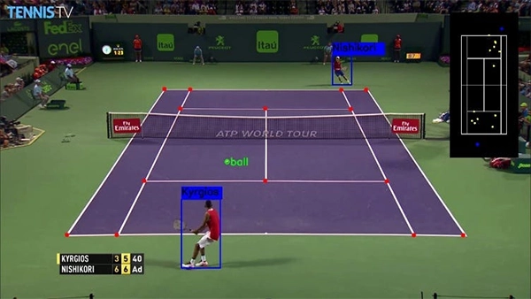 Tennis player serving on court with camera-based ball-tracking overlay and performance dashboard